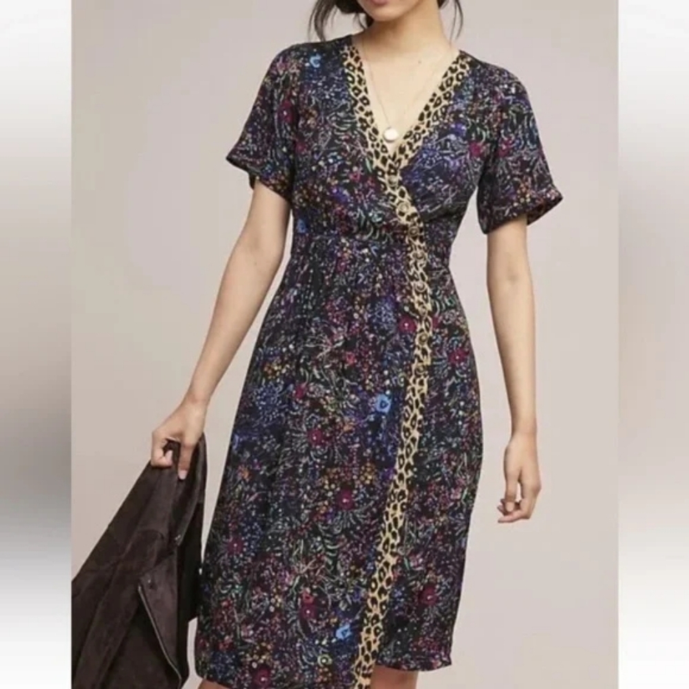 Anthropologie Maeve Morgan Black Floral Short Sleeve V Neck Midi Dress Size 2